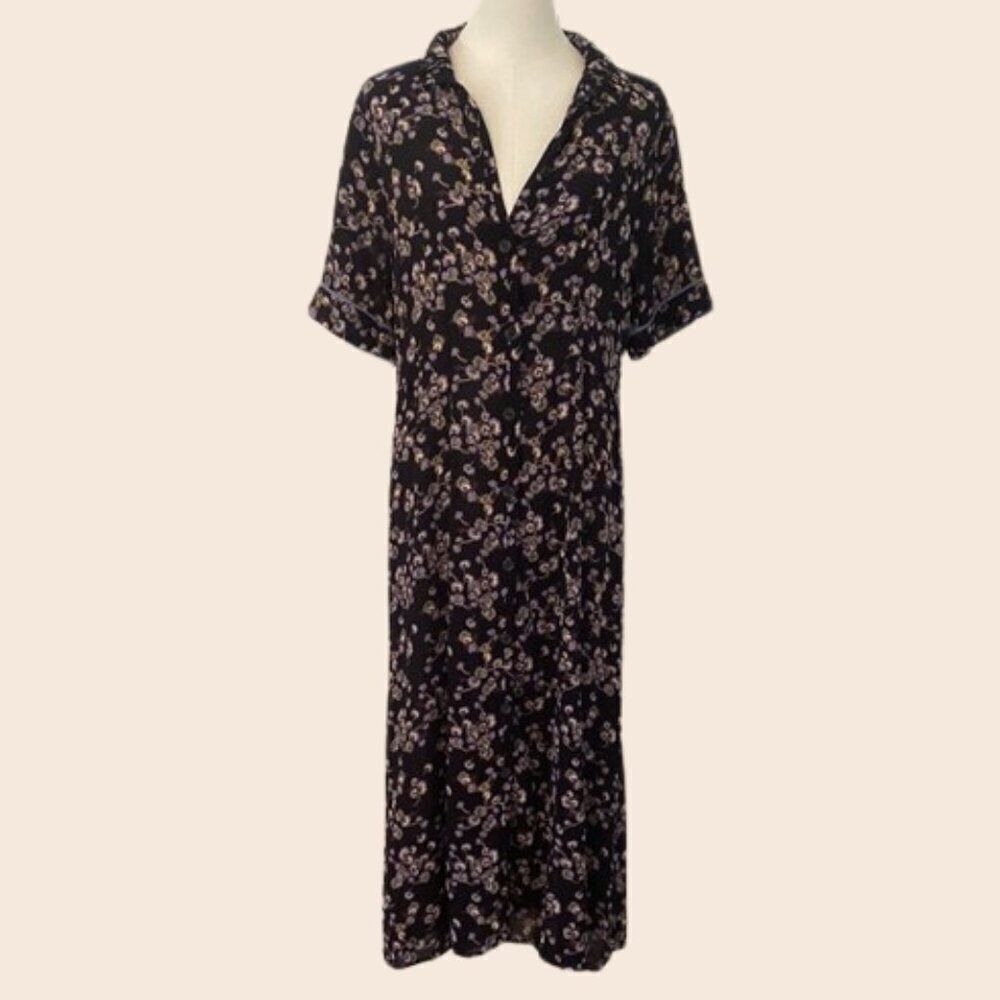 Noa Noa Navy & Lilac Floral Buttonfront Midi Shirt Dress Size 40